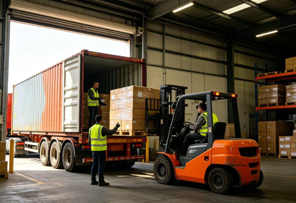 Overseas warehouse loading dock, workers and forklift unloading pallet cartons from container truck, inbound transshipment for cross-border cargo