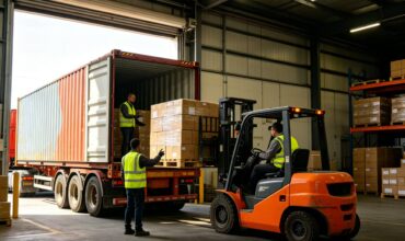 Overseas warehouse loading dock, workers and forklift unloading pallet cartons from container truck, inbound transshipment for cross-border cargo