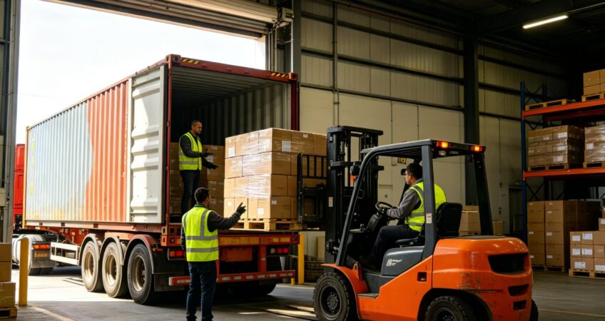 Overseas warehouse loading dock, workers and forklift unloading pallet cartons from container truck, inbound transshipment for cross-border cargo