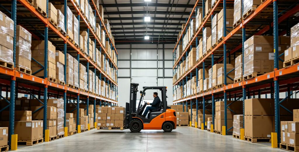 Modern US overseas warehouse, high racking stacked with e-commerce cartons, forklift transporting pallet cargo, overseas warehouse inventory scheduling scene