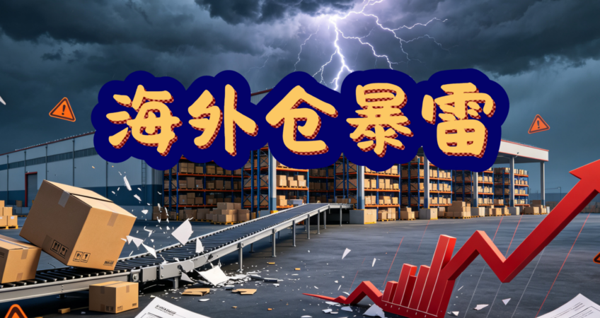 US overseas warehouse collapse warning scene, storm lightning warehouse background, broken cartons, supply‑chain risk alert for Amazon US market cross‑border sellers