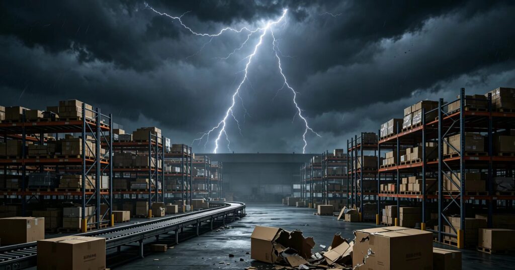 Stormy US overseas warehouse interior, lightning dark cloudy sky, broken damaged cartons on ground, pallet racks with goods, cross‑border e‑commerce supply‑chain collapse risk background image

