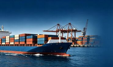 Horizontal banner background of container cargo ship at busy seaport, for US cross‑border ocean freight logistics content