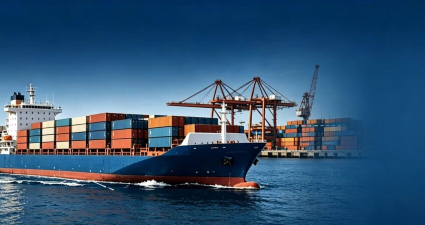 Horizontal banner background of container cargo ship at busy seaport, for US cross‑border ocean freight logistics content