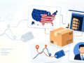 US local fulfillment cover graphic, warehouse, logistics map and package, blank for title 