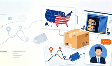 US local fulfillment cover graphic, warehouse, logistics map and package, blank for title 