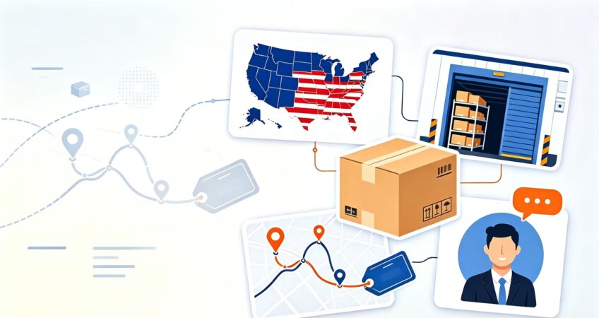 US local fulfillment cover graphic, warehouse, logistics map and package, blank for title 
