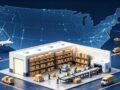 3D illustration of US transshipment logistics with warehouse, trucks and plane