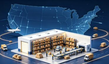 3D illustration of US transshipment logistics with warehouse, trucks and plane