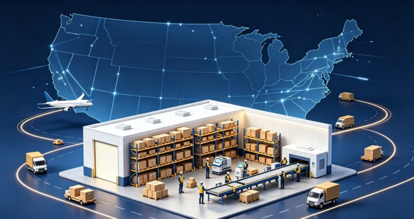 3D illustration of US transshipment logistics with warehouse, trucks and plane