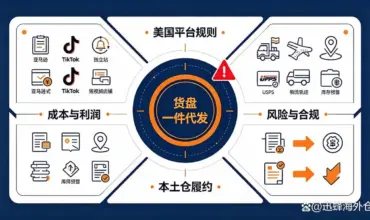 USA local warehouse dropshipping infographic, TikTok Amazon product sourcing, US platform rule, fulfillment, cost profit and compliance for cross-border sellers.