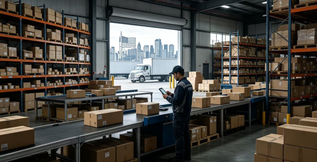 Worker checking inventory inside US overseas fulfillment warehouse