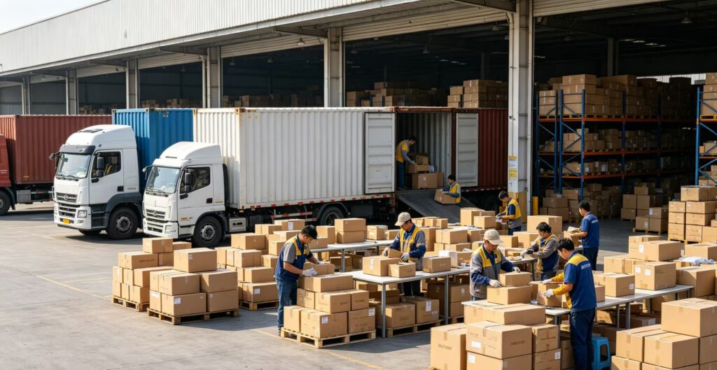 Real photo of overseas warehouse operation, workers sorting and inspecting carton parcels, container trucks and high storage racks, cross-border order fulfillment scene, no text
