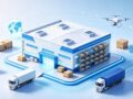 Isometric 3D render of US overseas warehouse with storage racks, cartons, container trucks and drone, light blue tech background, cross-border e-commerce one-piece fulfillment concept, no text
