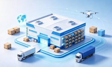 Isometric 3D render of US overseas warehouse with storage racks, cartons, container trucks and drone, light blue tech background, cross-border e-commerce one-piece fulfillment concept, no text