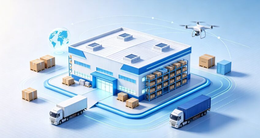 Isometric 3D render of US overseas warehouse with storage racks, cartons, container trucks and drone, light blue tech background, cross-border e-commerce one-piece fulfillment concept, no text