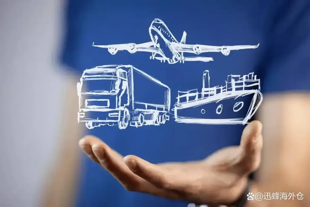 Hand sketch of airplane, cargo ship and truck showing multi-mode international transportation