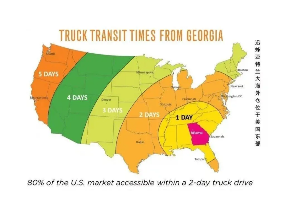 US map of truck transit time from Georgia, Xunfeng Atlanta overseas warehouse