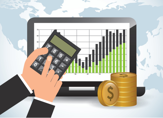 Cartoon illustration of hand operating calculator, laptop with bar chart and gold coins for cross-border business financial analysis