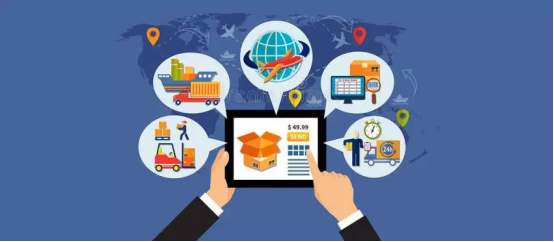 Illustration of tablet screen connected with global logistics, shipping, warehousing and order fulfillment icons