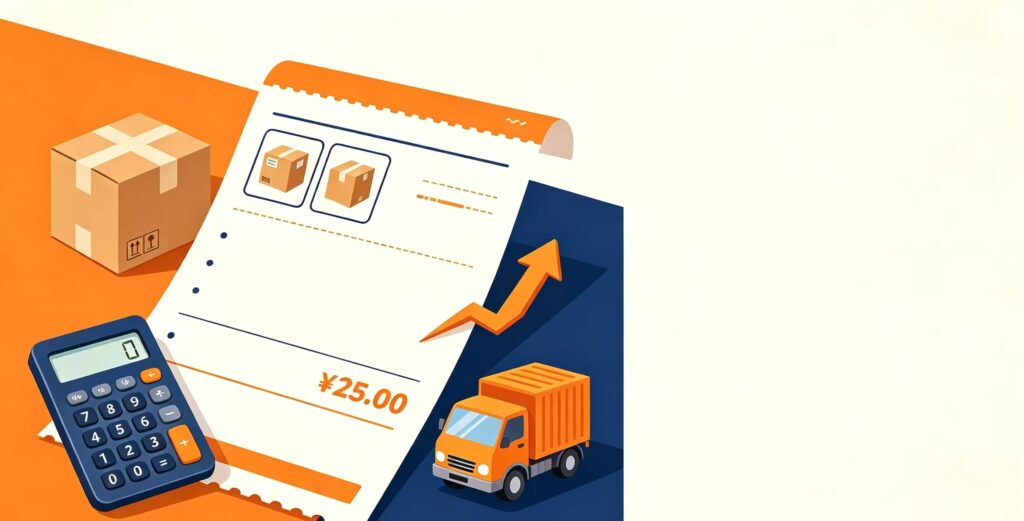 Illustration of cross-border e-commerce order, shipping box, delivery truck and profit calculator, East US one piece dropshipping