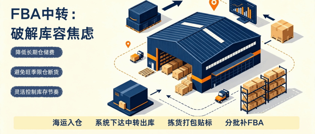 Isometric illustration of FBA transfer workflow, overseas warehouse turnover and replenishment process for Amazon inventory