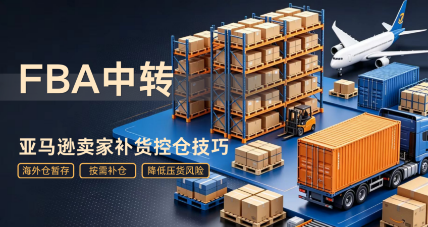 3D illustration of FBA transfer overseas warehouse with racks, cartons, truck and airplane, cross-border replenishment for Amazon sellers