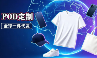 Global POD print-on-demand dropshipping banner with custom T-shirt, cap, tote bag, sneakers and mobile phones