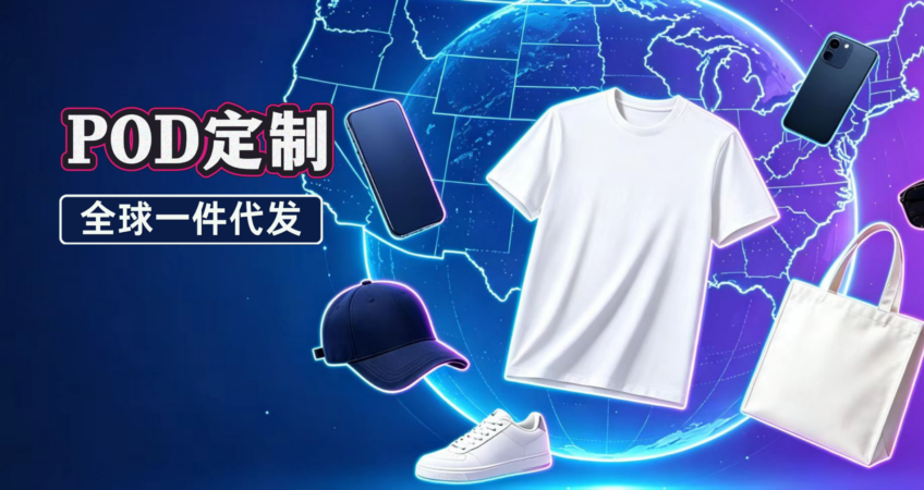 Global POD print-on-demand dropshipping banner with custom T-shirt, cap, tote bag, sneakers and mobile phones