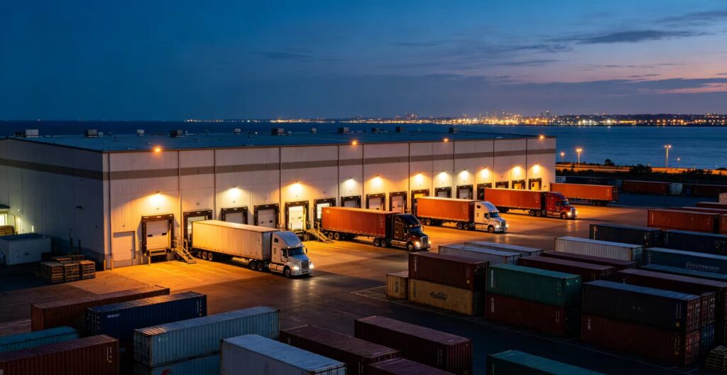 US Los Angeles overseas warehouse at dusk, containers and freight trucks
