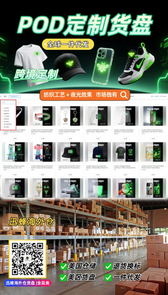 Glow‑in‑the‑dark POD product catalog, cross‑border custom merchandise, US warehouse storage, relabeling and one‑piece dropshipping