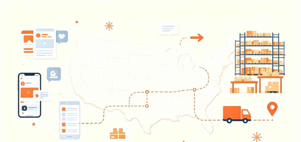 Illustration showing cross‑border e‑commerce multi‑channel orders flow to US local warehouse for fulfillment and delivery