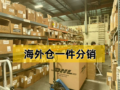 US overseas warehouse interior, stocked shelves with cartons, staff handling parcels for one-piece distribution