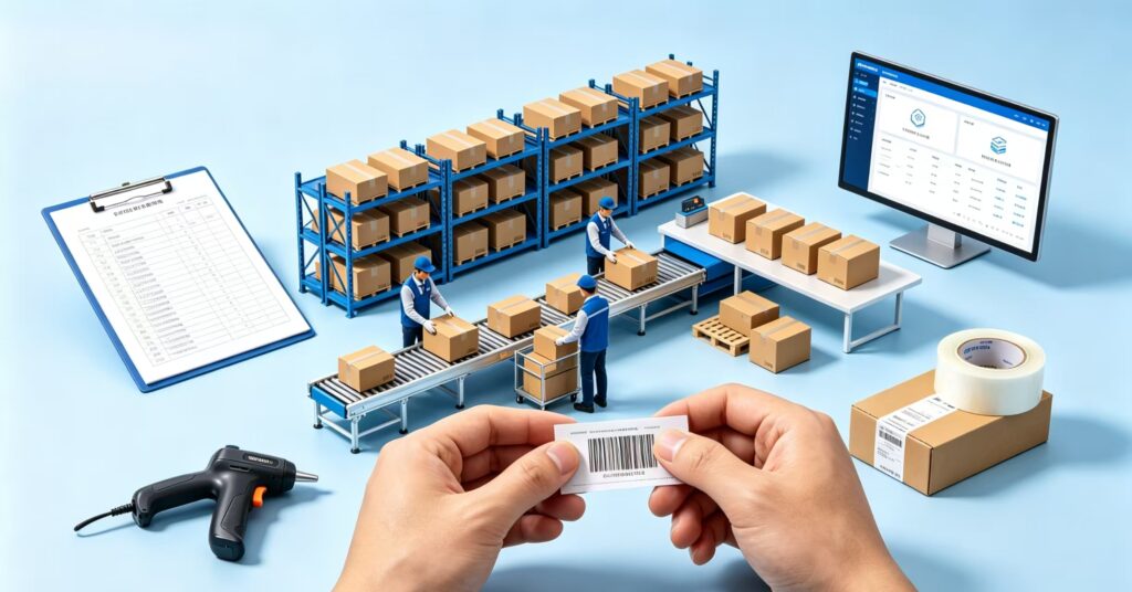 Overseas warehouse relabeling workflow illustration showing inventory checking, product inspection, old label removal, new label sticking and WMS inventory sync
