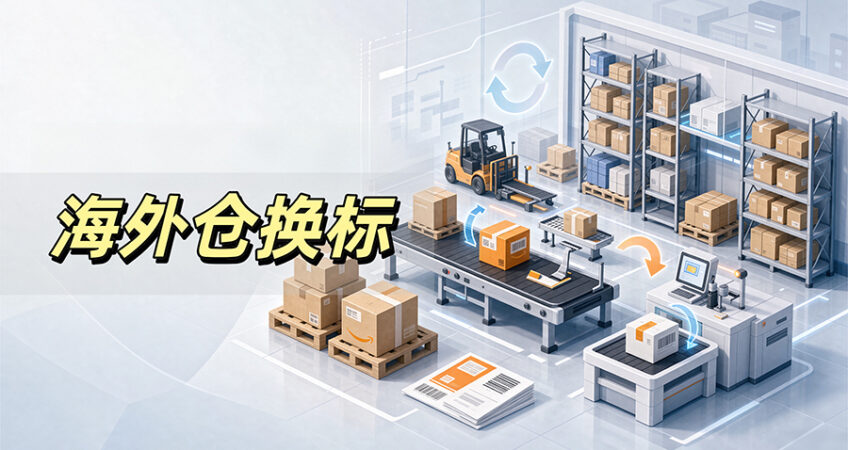 Isometric illustration of overseas warehouse relabeling workflow, including conveyor belt, forklift, shelves and barcode printing equipment