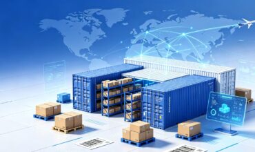 3D render of overseas warehouse containers and cargo, representing cross-border inventory relocation and relabeling service