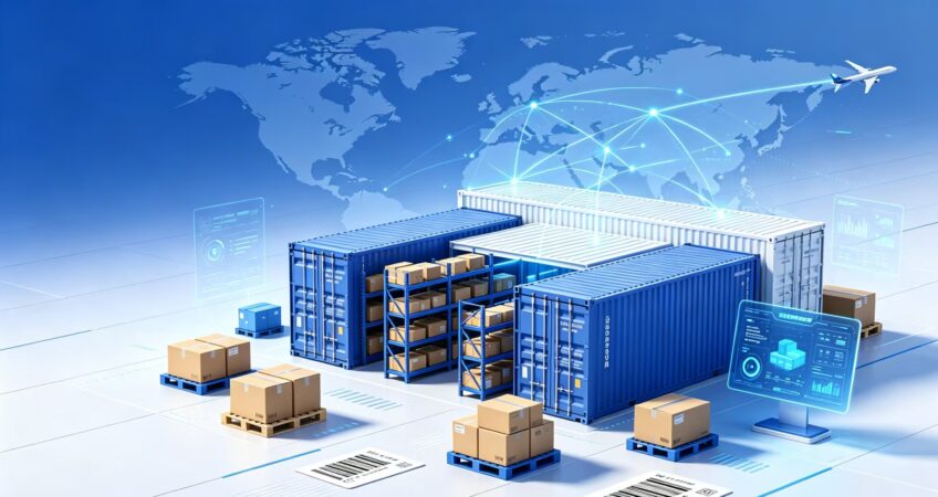 3D render of overseas warehouse containers and cargo, representing cross-border inventory relocation and relabeling service