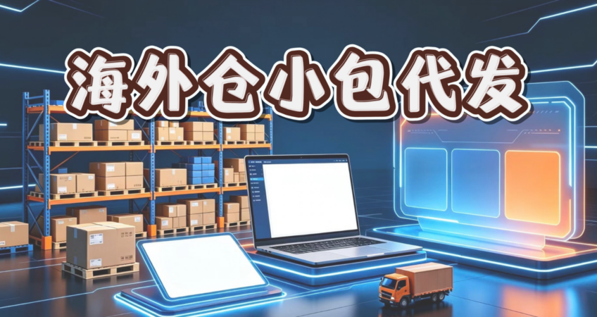 3D render of modern overseas warehouse scene with shelves, cargo boxes, laptop, digital map and logistics dashboard, for cross-border e-commerce overseas warehouse small parcel fulfillment service