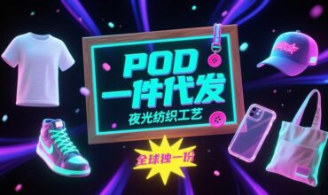 POD print-on-demand dropshipping banner featuring glow-in-the-dark textile craft, custom apparel, tote bags, phone cases and sneakers