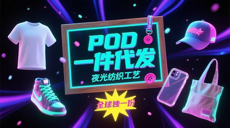 POD print-on-demand dropshipping banner featuring glow-in-the-dark textile craft, custom apparel, tote bags, phone cases and sneakers