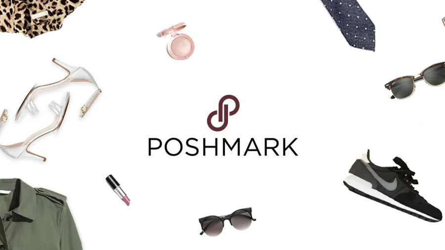 Poshmark logo surrounded by fashion apparel, shoes and accessories for ecommerce selling