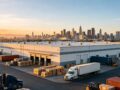 Large self-operated overseas warehouse exterior with trucks, cargo pallets and container loading docks