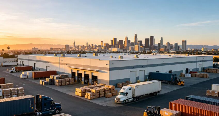Large self-operated overseas warehouse exterior with trucks, cargo pallets and container loading docks