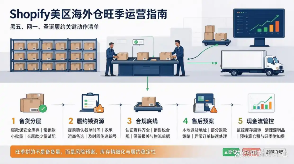 Infographic of Shopify US overseas warehouse peak season operation guide for Black Friday, Cyber Monday and Christmas
