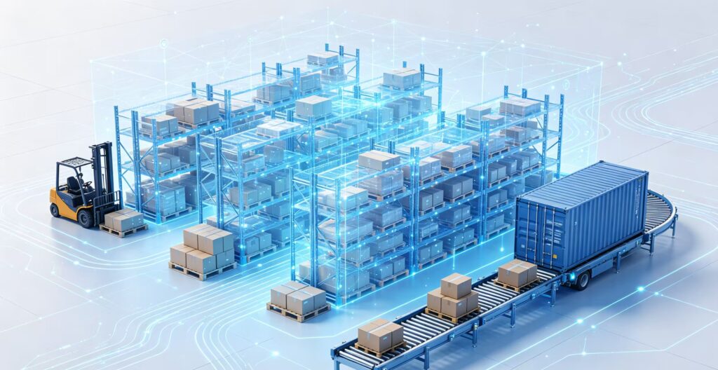 Digital visualization of smart self-operated overseas warehouse, automated racking, forklift and cargo logistics system