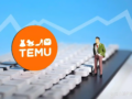 Temu logo with miniature businessman and upward trend chart