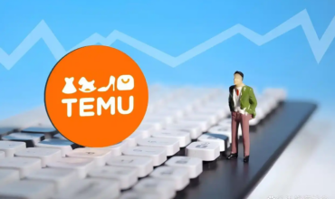 Temu logo with miniature businessman and upward trend chart