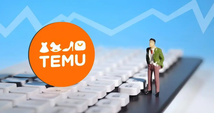 Temu logo with miniature businessman and upward trend chart