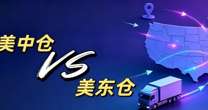 US Central warehouse vs US East warehouse comparison banner, USA map and truck for cross-border overseas warehouse logistics
