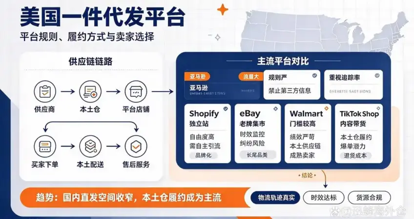 Infographic of US one piece dropshipping platforms, supply chain workflow and comparison of Amazon, Shopify, eBay, Walmart, TikTok Shop